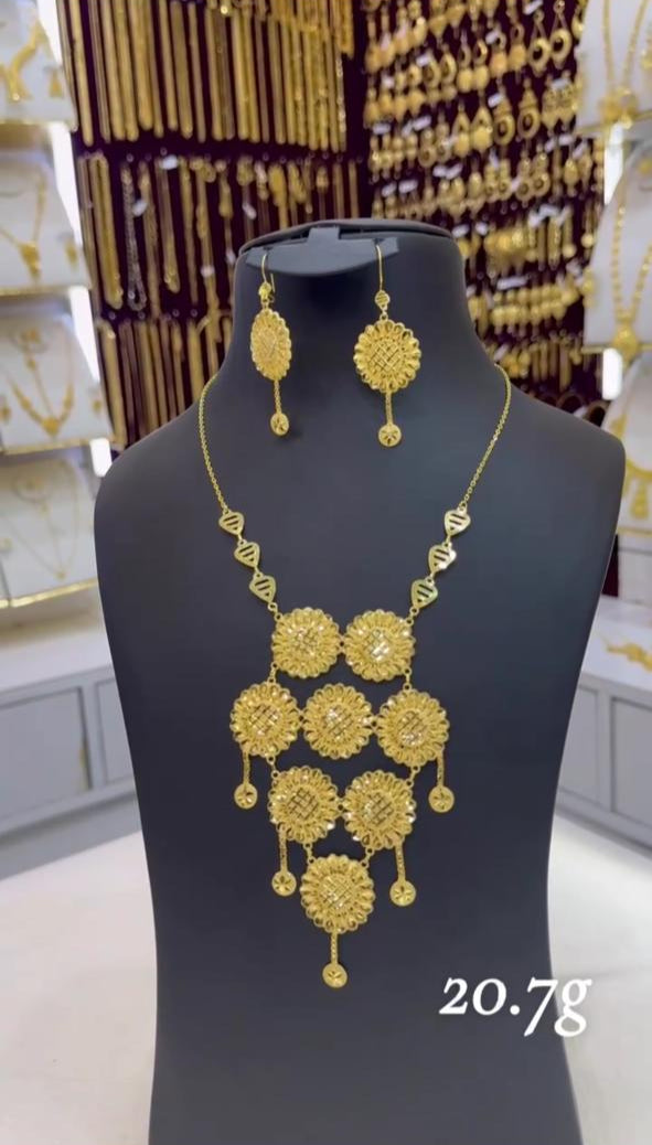Stylish 21K Gold Circular Medallion Necklace & Earring Set – 15.7g
