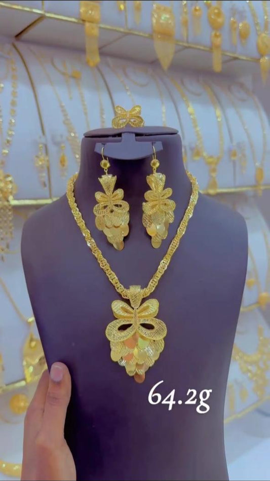 Gold Bow & Leaf Necklace & Earring Set – 64.2g