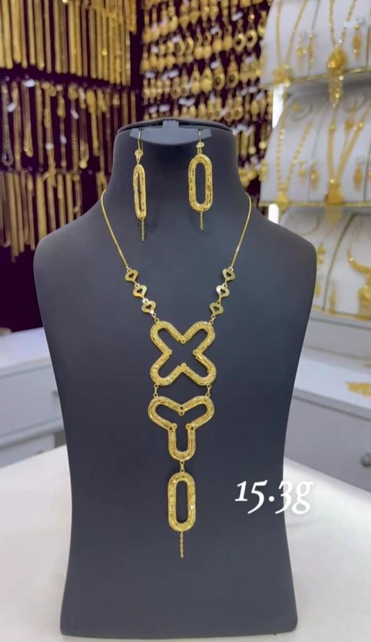 Modern 21K Gold Geometric Necklace & Earring Set – 15.3g