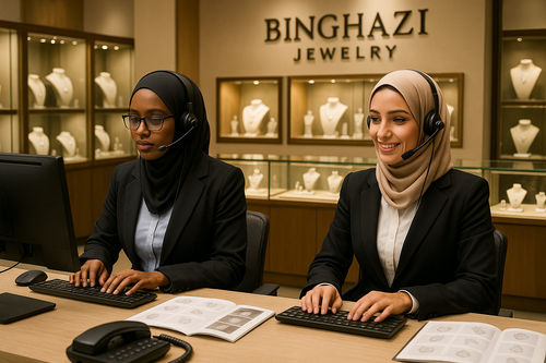 A SOMALI GIRL AND ARABIC GIRL ON CUSTOMER SERIVCE TABLE PICKING CALLS AND TEXTING BACK ON PEOPLE QUERY FOR BINGHAZI JEWELLERY 
