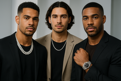 BINGHAZI MEN MIXED RACE MODELS ONE WEARING DIAMOND CUBAN CHAIN ONE WEARING SILVER ROPE CHAIN AND THE OTHER ONE SHOWING HIS WRIST ROLEXX