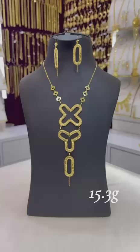 Modern 21K Gold Geometric Necklace & Earring Set – 15.3g