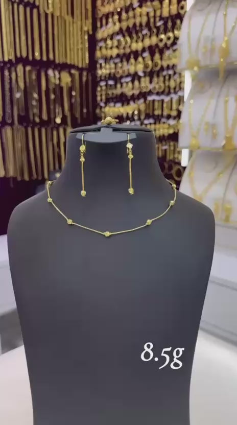 Minimalist 21K Gold Beaded Chain Necklace & Earring Set – 8.5g